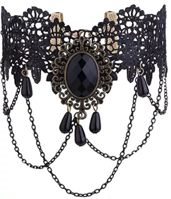 Gothic Victorian Black Lace Choker Necklace Tassel Chain Steampunk NWT 7623 • $10.92