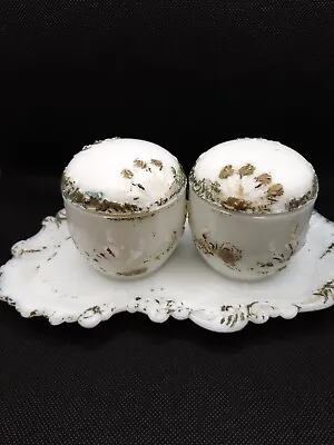 Antique Dithridge Victorian Milk Glass Vanity Lidded Jar Set With Matching Tray • $32.34
