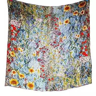 Vintage 100% Silk Floral Scarf Square Hand Rolled Sunflower Garden 33.5  X 33.5  • $24.99