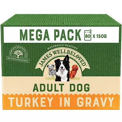 80 X 150g James Wellbeloved Adult Wet Dog Food Pouches Turkey & Rice In Gravy • £65.16