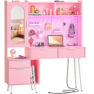 48'' Makeup Vanity With Hutch Pink Bedroom Dressing Table With 5 Drawers &  LED • $199.99