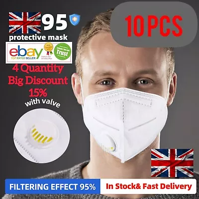 10 PCS Face Mask With Valve 95% Mask Face 5 Layers Air Filter Face Covering  • £6.49