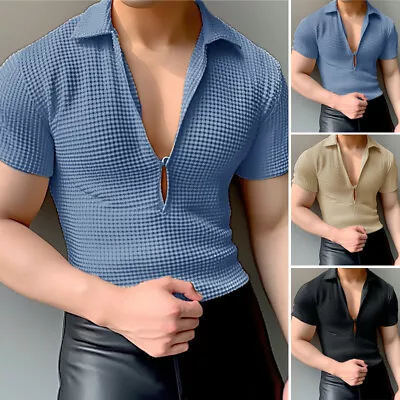 INCERUN Mens Deep V Neck Short Sleeve T-shirt Casual Solid Tee Shirt Blouse Plus • $26.59