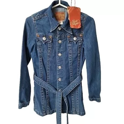 True Religion Jean Jacket Women's Size Small Carrie Long Denim Belted • $63.98