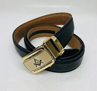 Vintage Men’s Masonic Logo Buckle Leather Adjustable Ratchet Belt Sz 48 Black 32 • $48.22