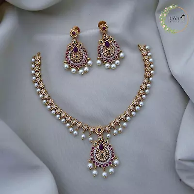 Ruby American Diamond CZ Short Pearl Necklace With Earrings Jhumki Indian Style • $83.13