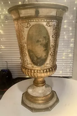 Venetian Style Goblet Urn Distressed Painted Gilded Pedestal Side Table MCM Wood • $625