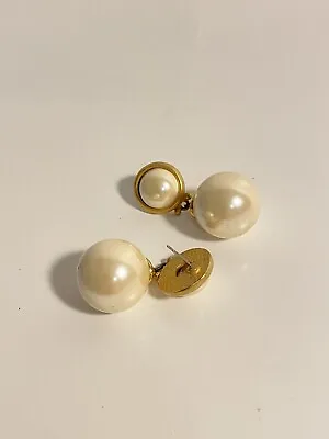 Vintage Gold Tone Faux Pearl Drop Dangle Stud Earrrings Original • $15.36