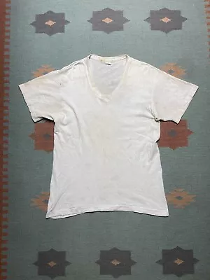 Vintage 1960s 70s Fruit Of The Loom V Neck T Shirt Blank White Grunge Large Soft • $25