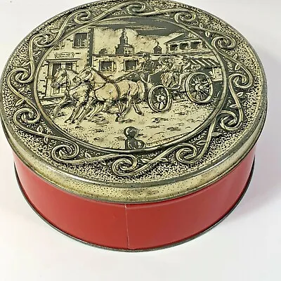 Colonial Rum Fruit Cake 7  Round Storage Tin Embossed Horse & Carriage Design • £14.45