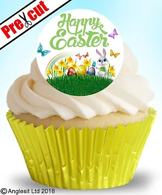 24 X PRE-CUT EASTER E I.b EDIBLE WAFER PAPER CUP CAKE TOPPERS PARTY DECORATIONS • £3.79