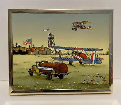 C. Carson 8x10 Framed U.S Mail Plane Truck American Flag Oil Painting Vintage • $34.99