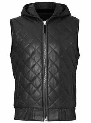 Genuine Lambskin Black Leather Men's Leather Vest Quilted Hooded Vest • $123.50