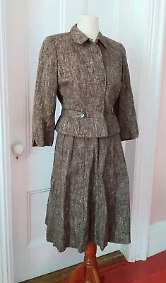 Vintage 40s 50s Skirt Suit Cotton Tweed Black White Brown S M Maurice Rentner • $85