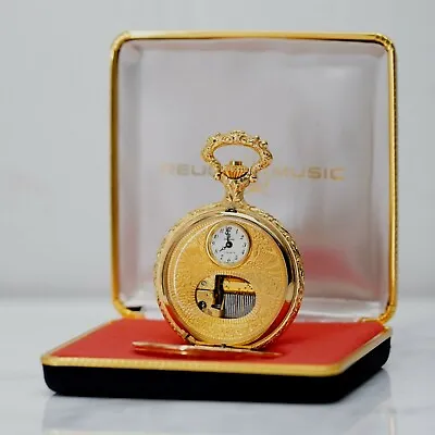 RARE Showpiece REUGE Musical Pocket Watch 10k Gold Plated Music Box   *VIDEO* • $1309.59