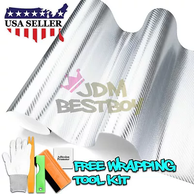 Chrome 4D Carbon Fiber Silver Sticker Decal Vinyl Wrap Sheet Film Bubble Free • $4.99