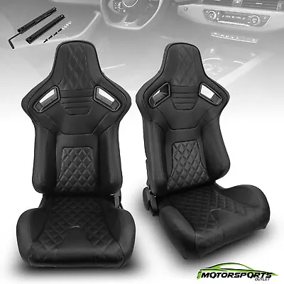 $345.99 • Buy 2x Universal Black PVC Leather Line Left/Right Fabric Fabric Racing Seats Pair