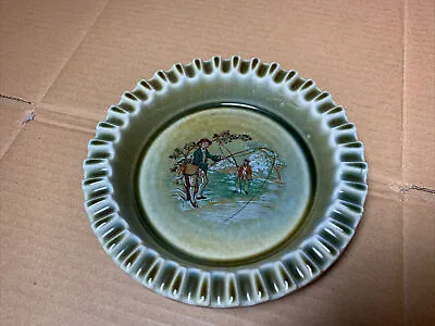 Vintage Irish Porcelain Ashtray Fly Fishing Wade Co Armagh Ireland Green - NICE • $19.95