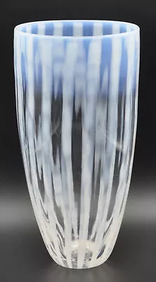 Hand Blown Art Glass Vase Opalescent White  Stripe Clear Large 11  Pontil • $36