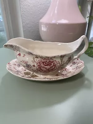 Rose Chintz Pink Gravy Boat With Underplate Vintage Johnson Brothers • $45