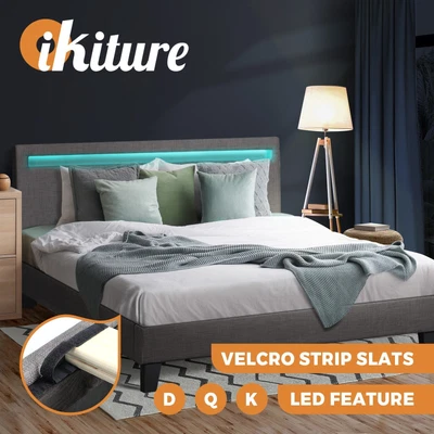$215.91 • Buy Oikiture Bed Frame RGB LED Queen Double King Wooden Slats Fabric Leather