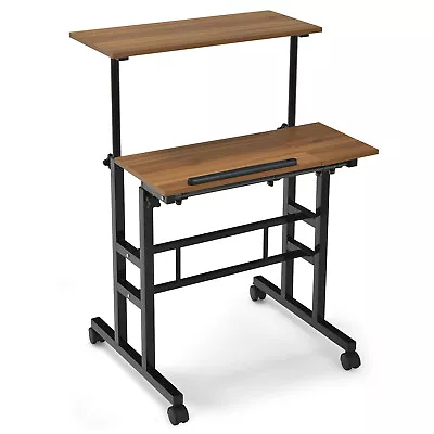 Costwy Mobile Stand Up Desk Tilting Workstation Adjustable Computer Desk  Walnut • $69