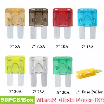 50PCS Micro 2 Fuses Blade Fuse Automotive 5/7.5/10/15/20/30A Assortment W/ Clip • $8.99