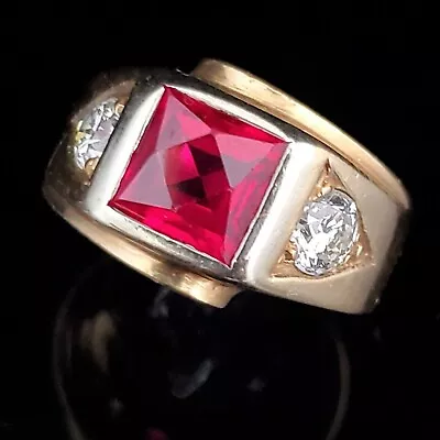 Men's 1940s Lab Ruby Diamonds 14k Yellow Gold Pinky Ring Vintage Retro Mid Cent • $942.40