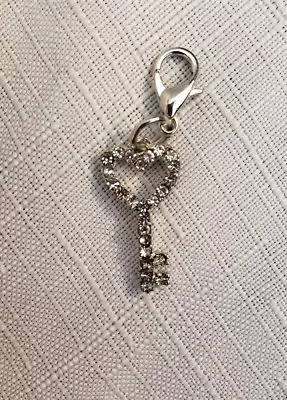 Silver Crystal HEART Key Dangle Clip On Charm For Link Chain Of Floating Locket • $3.99