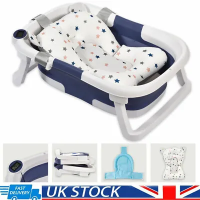 Portable Foldable Baby Bath Tub W/ Temperature Indicator & Cushion Bath Pad • £30.89