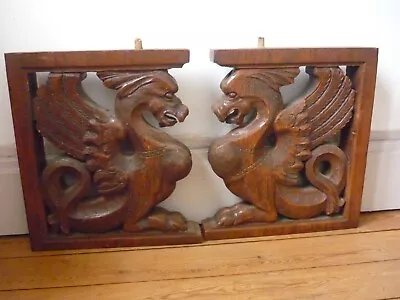 Antique PAIR French Pillars Wood Carved Gothic Griffin Dragon Lion Cabinet 19th • $649.90