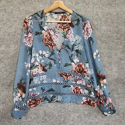 Portmans Top Womens Size 10 Blue Floral Peasant Boho V-Neck Button Office Casual • £12.57