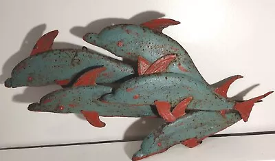 Dolphin Family 5 Diving Swimming Fish Metal Wall Art Vtg Sea Life Nautical 26x13 • $74.99