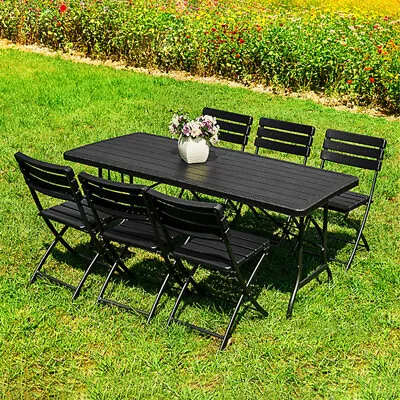 4/6/8 Seater Garden Outdoor Table And Chairs Bench Rattan Effect Tabletop Folded • £59.95