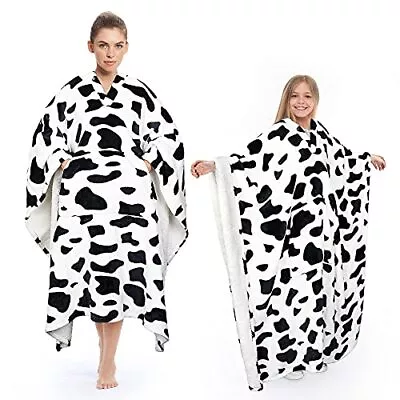 Cow Print Sherpa Fleece Poncho Blanket Super Soft Warm Cosy • £30.99