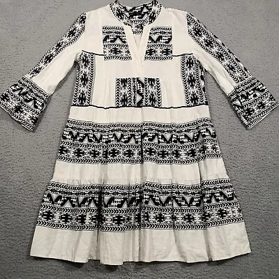 MSK Dress Linen Blend Black White Aztec Print Tiered Bell Sleeves Medium M • $12.75