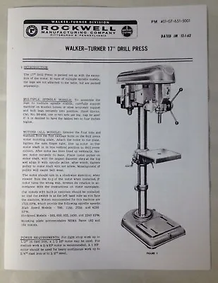 Rockwell Walker-Turner 17” Drill Press Instruction Manual & Parts List • $27.32