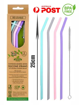 4x Bended Silicone Straws Reusable Bent Drinking Straw W/Cleaning Brush BPA Free • $5.95