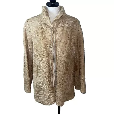 Vintage Womens Jacket Size Medium Lamb Fur Golden Tan Tassel Tie Long Sleeve • $148.30