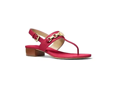 MICHAEL KORS Charlton Sandals Slingback Thongs Hot Pink Leather Gold Logo Sz 6.5 • $99.99