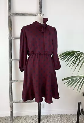 Veronika Maine Claret Dotted Flippy Hem Dress With Neck Tie - Size 14 • $59