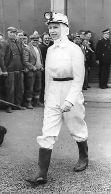 Miners See Queen Wearing White Overalls Scarf Helmet Black Gum - 1958 Old Photo • $9