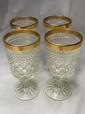 Set Of 4 Vintage Anchor Hocking WEXFORD Gold Rim Water Goblet Wine Glasses MCM • $30