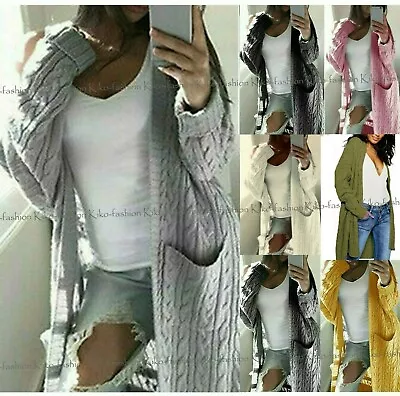 £15.90 • Buy Womens Chunky Knit Sweater Open Front Pocket Coat Long Cardigan Coat Tops Jacket