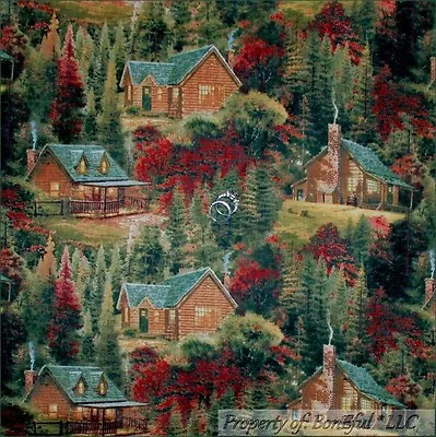 BonEful Fabric FQ Cotton Quilt Thomas Kinkade Log Cabin Scenic Tree Fall Xmas US • £6.24