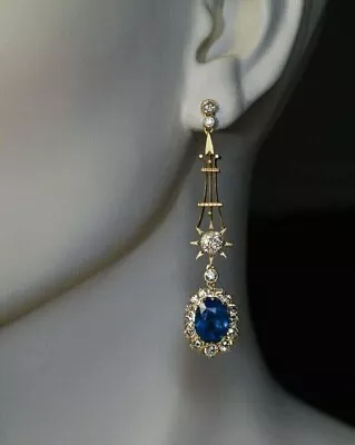 Oval Lab-Created Blue Sapphire Diamond Dangle Earring 14K Yellow Gold Plated • $174.99