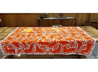 Tablecloth ORANGE Hand Embroidered Mexican Fabric Otomi Textile Covering • $350