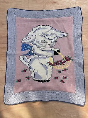 Vintage Handknitted Lamb Pastel Baby Blanket Cute Kitch 60s • £25