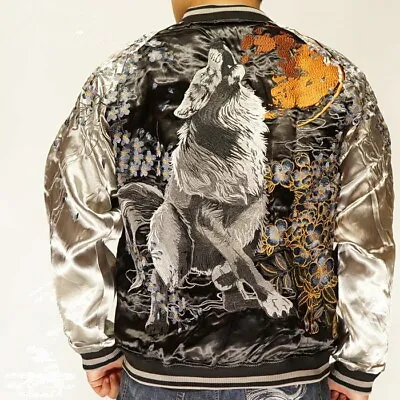 Mens Sukajan Reversible Souvenir Jacket Japanese Pattern Embroidery Wolf Beast • $245.10