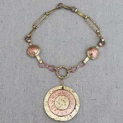 Vintage Casa Maya Mexican Brutalist Copper Brass Circular Disc Pendant Necklace • $49.99